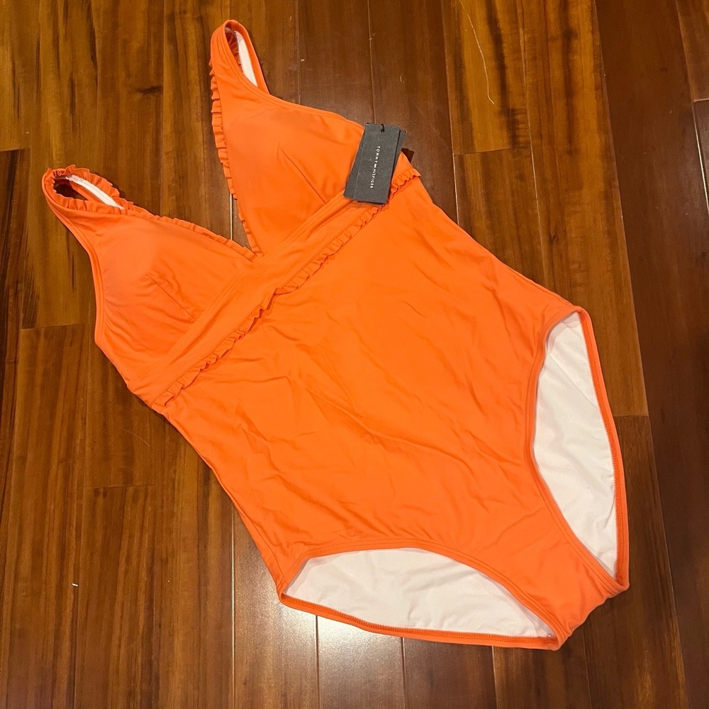 New NWT Tommy Hilfiger Orange Swimsuit‎ Ruffled V-Neck One-Piece Swim Size 16